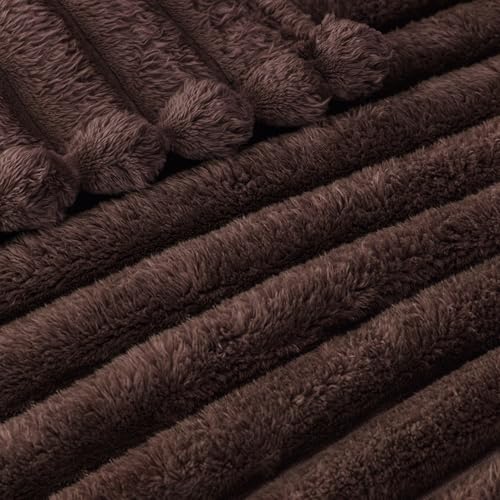 Exclusivo Mezcla Queen Size Striped Fleece Blanket - Coffee 90x90 in, Soft Cozy Bed Throw