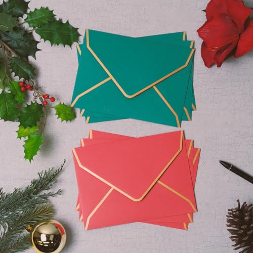 MATICAN 50-Pack A7 Invitation Envelopes with Gold Foil Borders, 5.25 x 7.25 in, Red & Green Christmas Colors