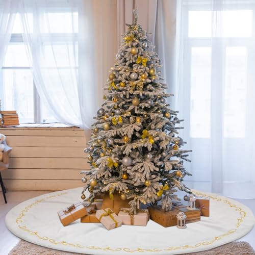 60 Inch White Velvet Christmas Tree Skirt with Gold Embroidery - Classical Style