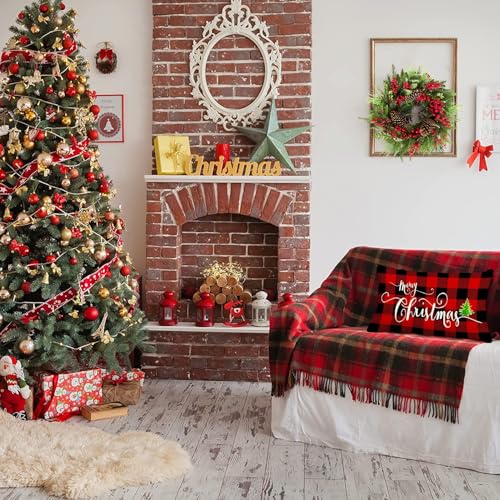 Jbralid Christmas Pillow Cover 12x20 Inch Red Black Buffalo Plaid Farmhouse Decor, Pack of 1, Merry Christmas