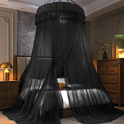 Mosquito Net Bed Canopy - Princess Dome Sheer Mesh Netting Curtain, Black