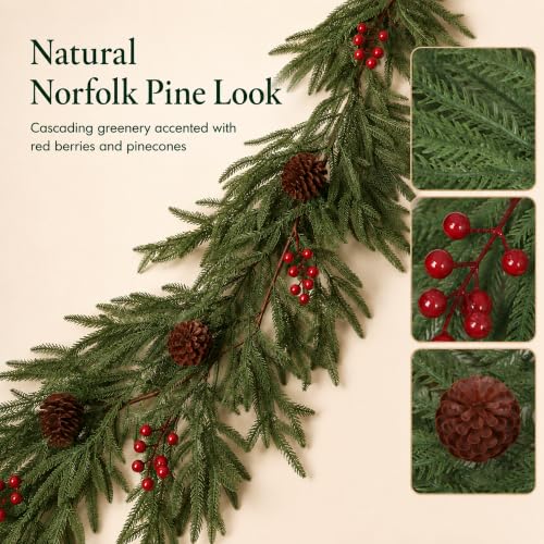 VellXelZor 9FT Artificial Christmas Garland Norfolk Pine with Berries and Pinecones