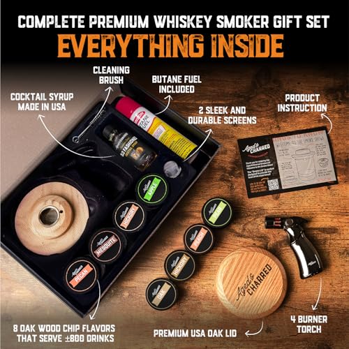 Aged & Charred Whiskey Smoker Kit Oak Wood with Butane & Syrup - Gift Set