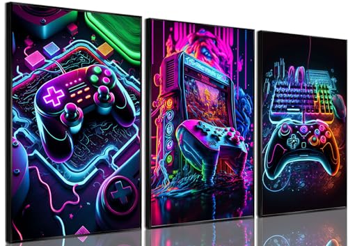 Neon Gaming Canvas Wall Art Posters Set of 3 for Boys Bedroom 12x16 Inch