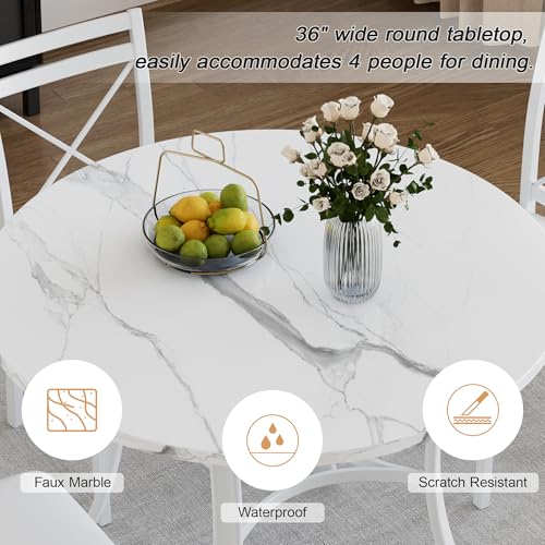 5-Piece Dining Table Set for 4, Faux Marble Top with 4 Upholstered Chairs