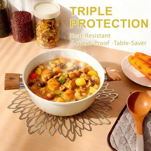 Set of 4 Round Gold Metallic Placemats, Heat-Resistant Floral Table Mats