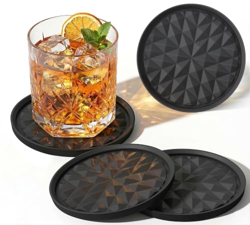 Silicone Drink Coasters Set of 4 - Non-Slip Diamond Pattern for Home & Office