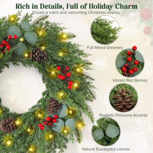 1 Pc 24-Inch Artificial Christmas Wreath with Lights for Front Door - Holiday Decor