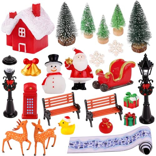 24 Pcs Christmas Village Accessories Set - Resin Figurines, Trees & Street Lights