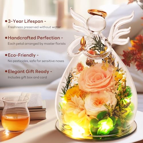 Preserved Real Rose Glass Angel Figurine with LED Light - Eternal Flower Gift