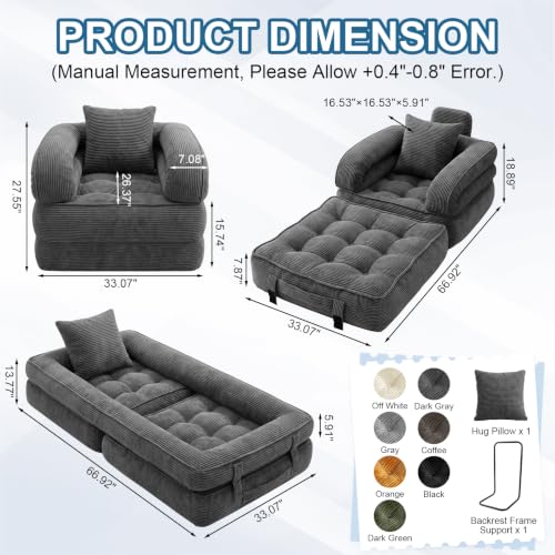 COTOSOF Dark Gray Folding Sofa Bed 3-in-1 Convertible Sleeper Chair with Armrests