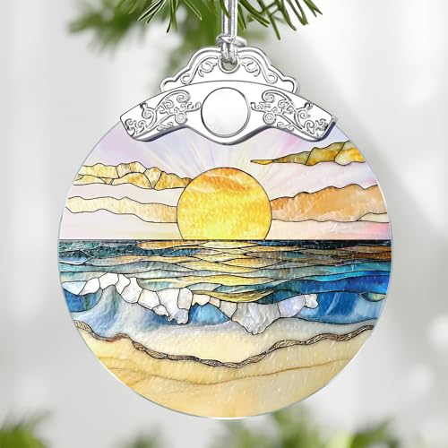 Stylea Beach Sunset Stained Glass Christmas Ornament - DUJITODOH, 3x3.5 inch