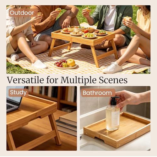 Bamboo Bed Tray Table with Folding Legs, Set of 2 Breakfast Trays
