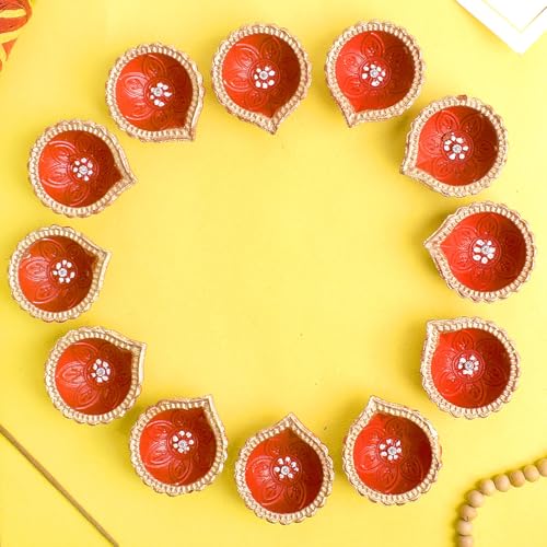 24-Piece Natural Terracotta Clay Diya Set with Shubh Labh Stickers