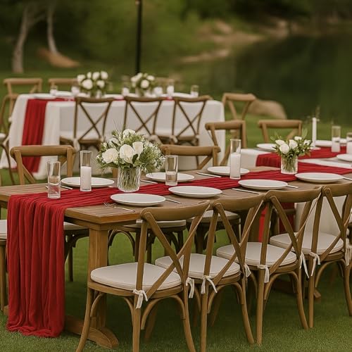 Red Cheesecloth Table Runner 120-Inch Rustic Boho Gauze Table Decor