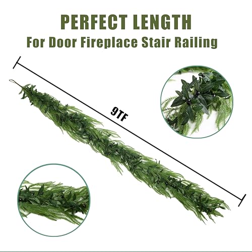 9FT Christmas Norfolk Pine & Olive Garland - Faux Greenery Wreath for Indoor Outdoor Decor