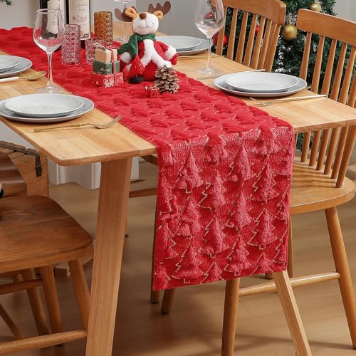 ELOEGO 13x108 Inch Christmas Table Runner - Red Xmas Trees Plush Decor for Indoor/Outdoor Holiday Dining