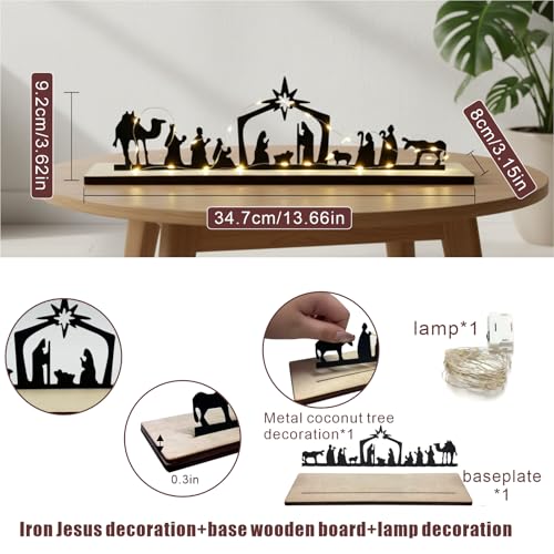 Nativity Scene Tabletop Decor, Metal Silhouette with Wooden Base