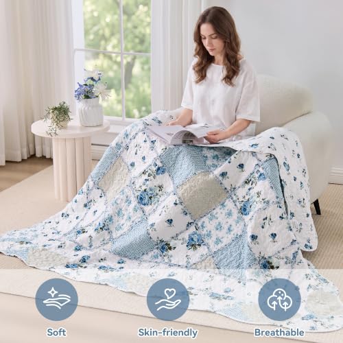 Twin Size Blue Floral Patchwork Quilt - Reversible Throw Blanket
