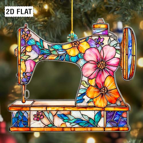 RosaTeeStore Faux Stained Glass Sewing Machine Ornament - Christmas Decoration, Sewing Gift, Hanging Holiday Decor (Sewing Ornament)