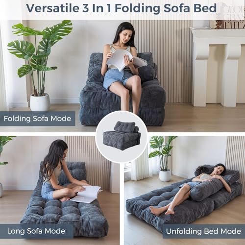 Folding Sofa Bed Convertible Chair with Lumbar Pillow, Dark Grey