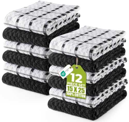 100% Ring Spun Cotton Kitchen Towels 12 Pack - 15x25 Inch Black Dish Towels