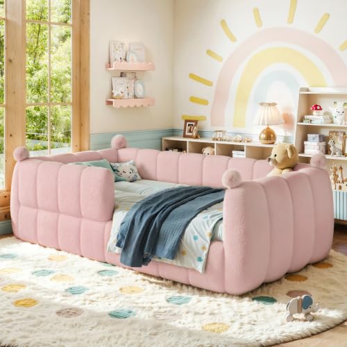 Twin Size Upholstered Montessori Floor Bed with Safety Rails, Pink
