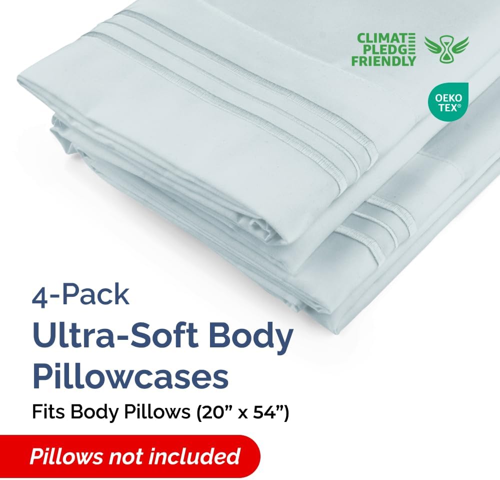 Skiennix Body Pillowcases Set of 4 | Soft, Breathable 20x54 Long Pillow Covers - Machine Washable, Fade-Free - Sky Blue