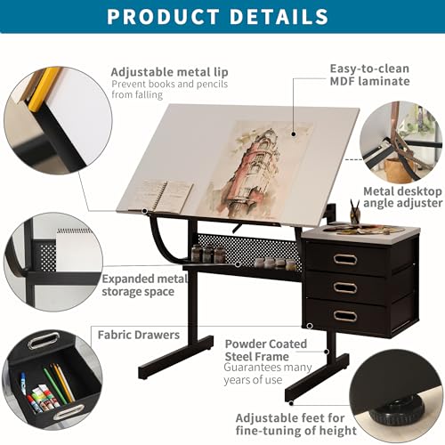Adjustable Drafting Table with Stool and 3 Drawers, Tilting Art Desk