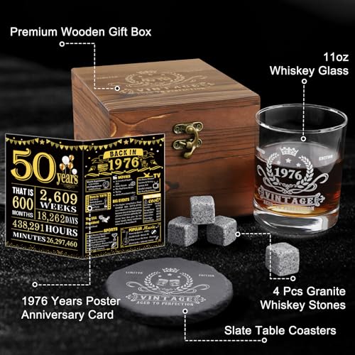 50th Birthday Whiskey Gift Set with Glass, Granite Stones, and Coaster