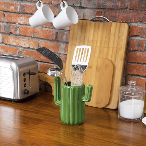 Vibrant Green Ceramic Cactus Utensil Holder - Southwestern Kitchen Organizer