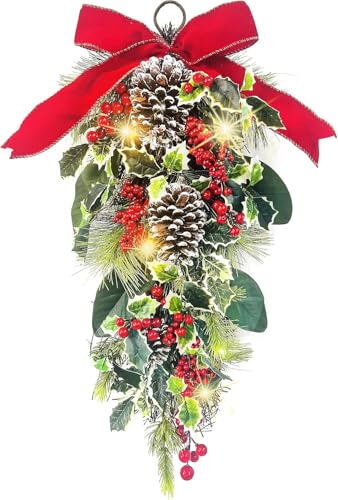 24-Inch Christmas Teardrop Swag with Red and White Ornaments and Berries