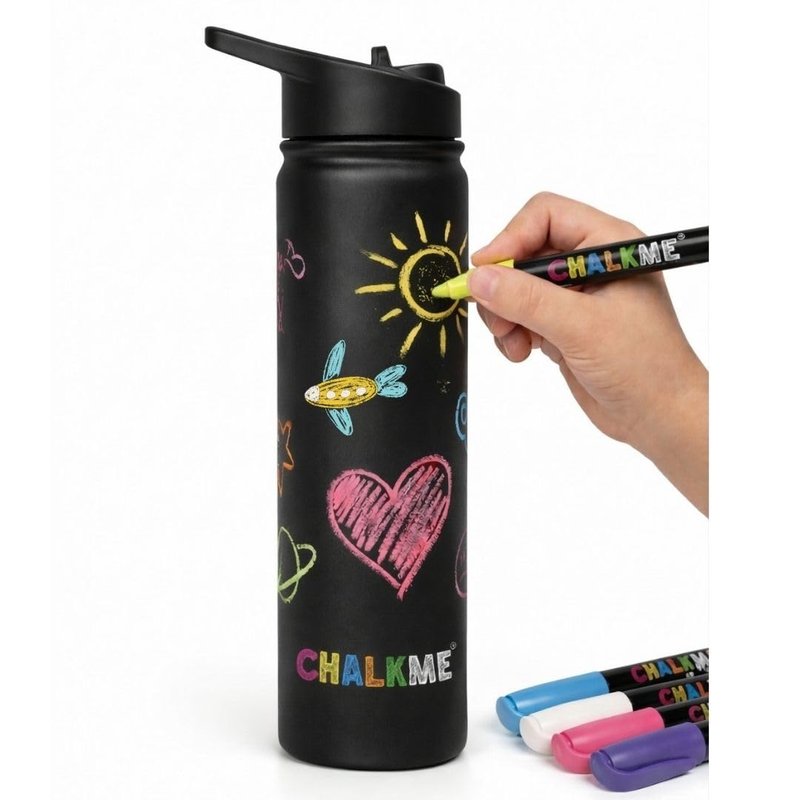CHALKME Kids Water Bottle 25oz Stainless Steel Vacuum Insulated with Washable Chalk Markers Included, Decorate Your Own Water Bottle, Reusable Gift for Boys and Girls