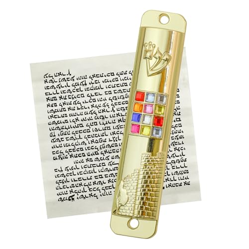 Metal Mezuzah Case with Scroll, 12 Tribes Hoshen Stones, Gold Door Blessing
