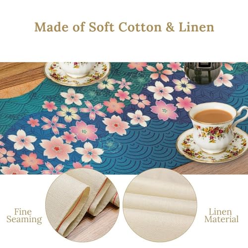 KANEPE Japanese Cherry Blossoms Table Runner 13x90in Cherry-Blue Seasonal Spring Decor