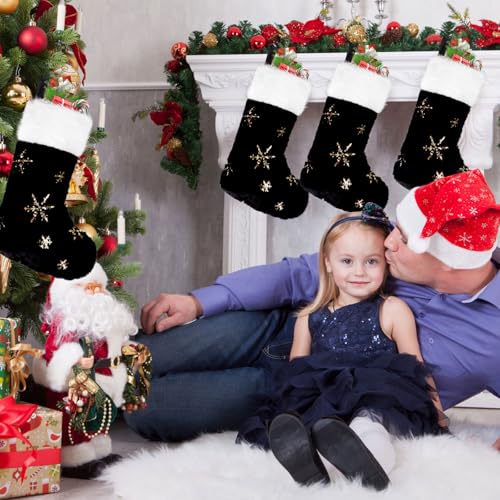 CCINEE 4 Pack 18-Inch Black Christmas Stockings with Gold Snowflake Sequin - Faux Fur Xmas Stockings