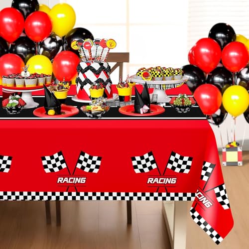 3-Pack Racing Car Plastic Tablecloths, Checkered Race Party Decor 54 x 108