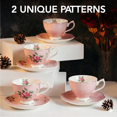 Pink Floral Tea Cup Set of 4 - 8 oz Porcelain Tea Cups with Gold Trim, Dishwasher Safe