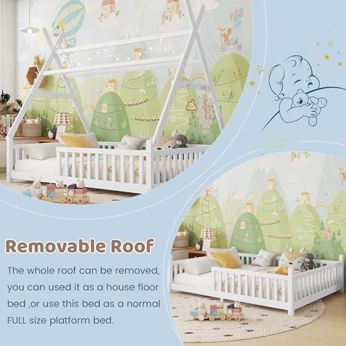 Full Size Montessori Floor Bed Frame with LED Light and Safety Rails