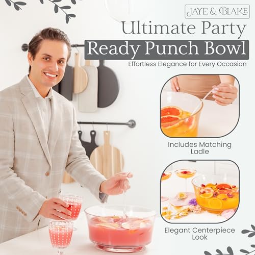 JAYE & BLAKE Premium Acrylic Punch Bowl Set with Ladle, 12-Inch, 1.5 Gallon, Clear