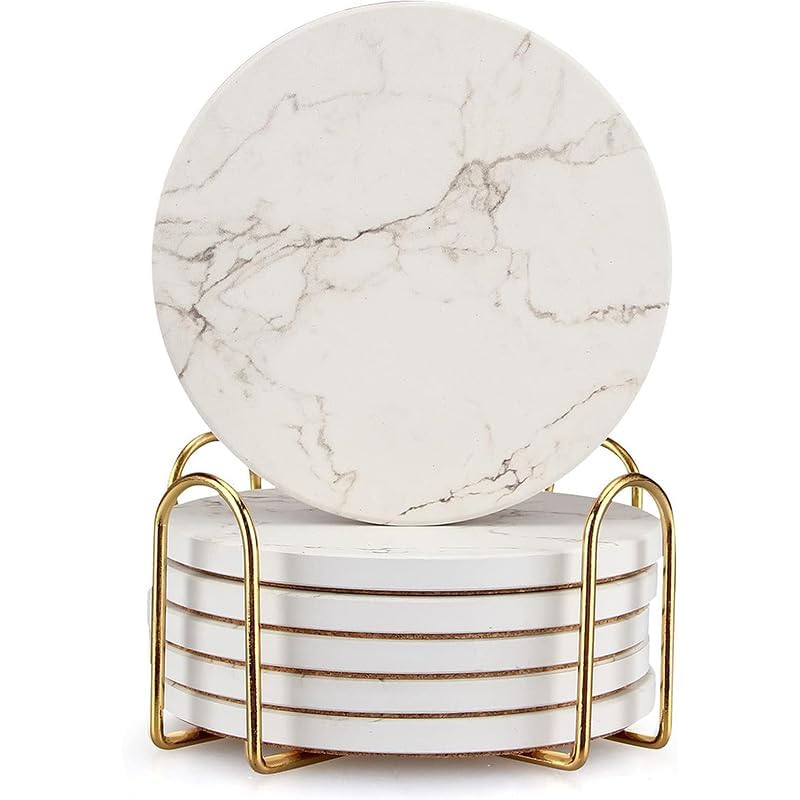 White Marble Coasters Set of 6 with Cork Non-Slip Bottom and Gold Holder - Absorbent Ceramic Drink Coasters