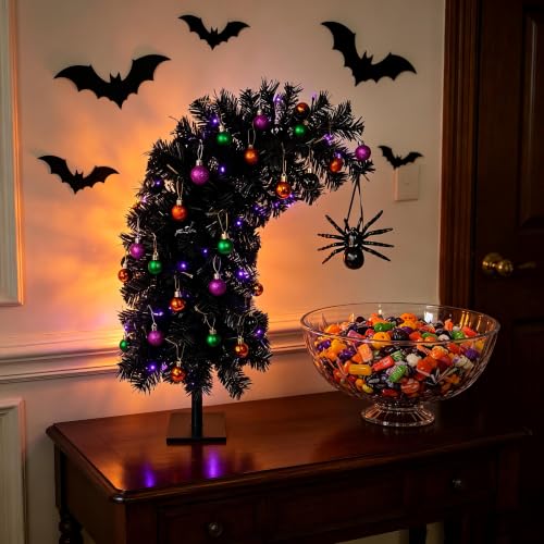 2ft Prelit Black Halloween Tinsel Tree with 35 Orange Lights, Battery-Powered