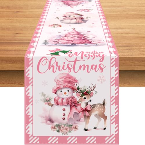Pink Christmas Table Runner 72 Inch Snowman Holiday Decor for Festive Home