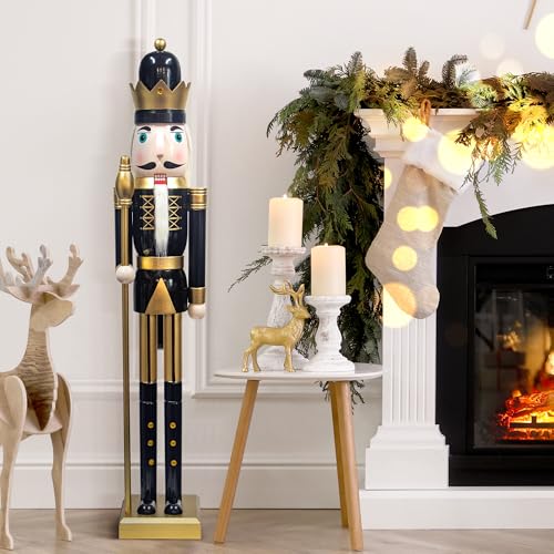 KI Store 4ft Christmas Nutcracker King Figurine – Black & Gold Wooden Soldier for Front Door, Tree & Mantel