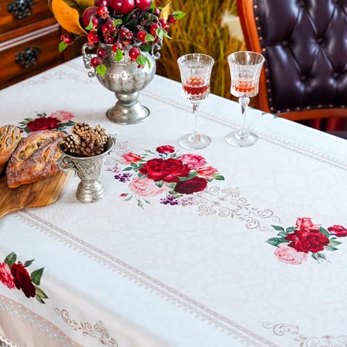 SUTAVIA Off-White 60 x 120 in Lace Embroidered Tablecloth, Rectangular Waterproof Polyester