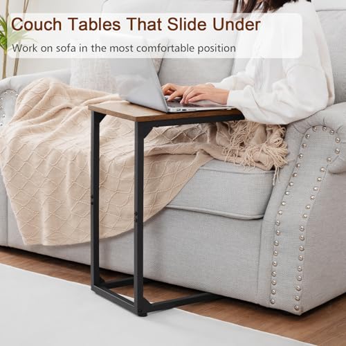C-Shaped End Table Set of 2 - Sliding Couch Side Table & TV Tray, Rustic Brown