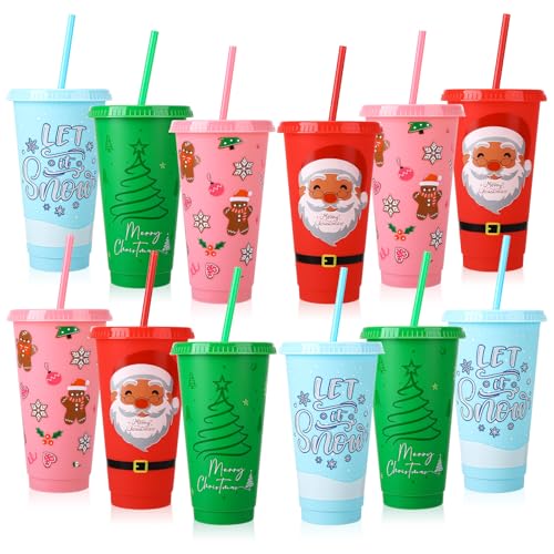 Christmas Plastic Cups with Lids & Straws - 24 oz, Red & Green, 12 Pack