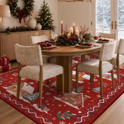 LIVEBOX 5x7 Christmas Washable Area Rug Red Scalloped Reindeer Snow Scene