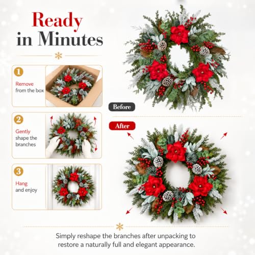 Hoobalon 28 Inch Frosted Red Magnolia Christmas Wreath for Front Door
