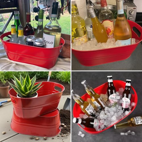 Biugaaufai 2 Pack 3 Gallon Red Galvanized Beverage Tubs with Handles - Large Metal Drink Buckets for Parties & Outdoor Events